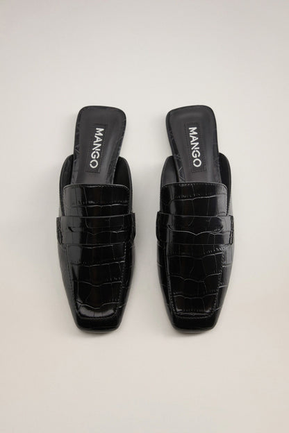 Black croc-embossed slide mules, open toe, branded insole