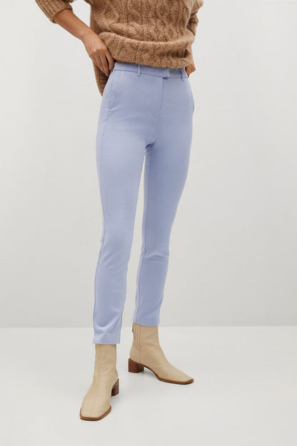 Light blue ankle-length slim trousers with tapered leg and side seams
