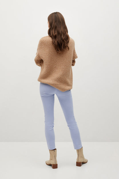 Light blue ankle-length slim trousers, back view, tapered leg