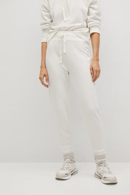 Off-white hoodie sweatshirt with drawstring and matching jogger pants