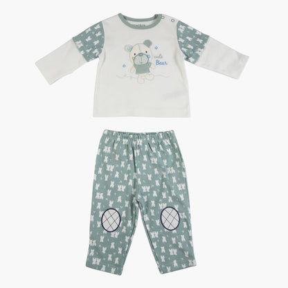 Kids pajama set in green and white, long-sleeve bear print top with matching patterned pants