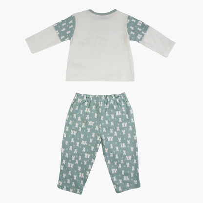 Kids pajama set, plain white long-sleeve top with green patterned sleeves and matching pants