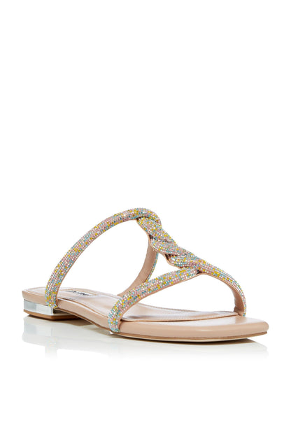 Nude flat thong sandals with multicolor beaded crisscross strap