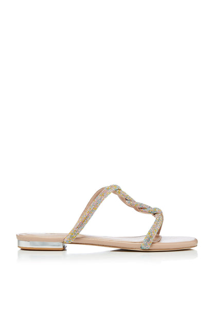 Nude flat sandals with multicolor beaded cross straps and open toe