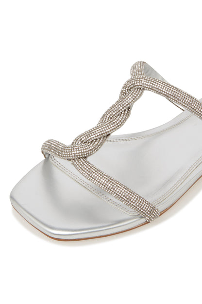Dune London silver open-toe sandal close-up with beaded toe strap detail