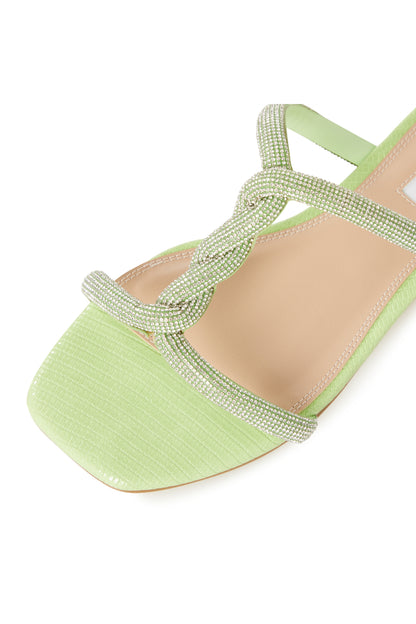 Green open-toe sandal with rhinestone tie strap and nude insole lining