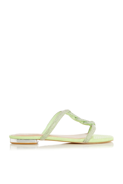 Green thong sandal with rhinestone toe loop and slim low heel
