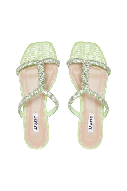 Green toe-loop sandals with rhinestone crossover straps; Dune London logo insoles