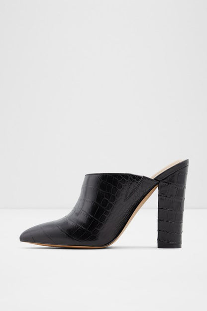 Black pointed-toe mule with block heel and croc-embossed leather upper