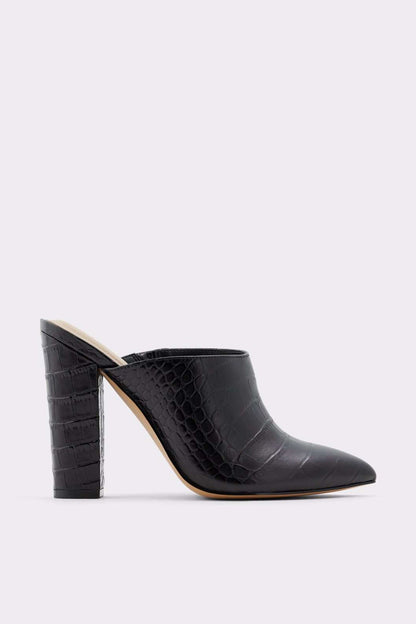 Black croc-embossed heeled mules with pointed toe and block heel