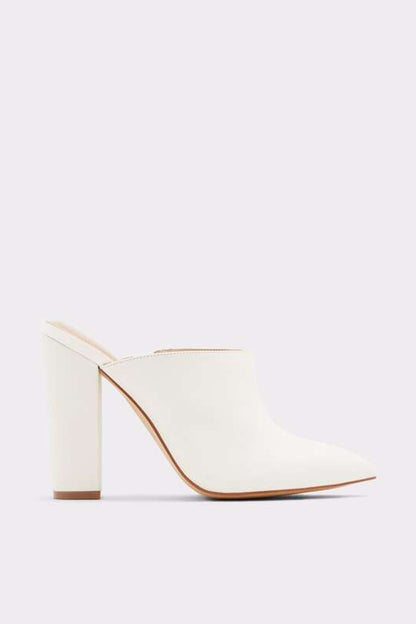 White heeled mule with open back and tan-lined sole, chunky block heel
