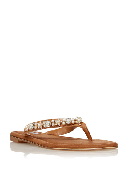 Tan sandals with jeweled top strap and flat thong sole
