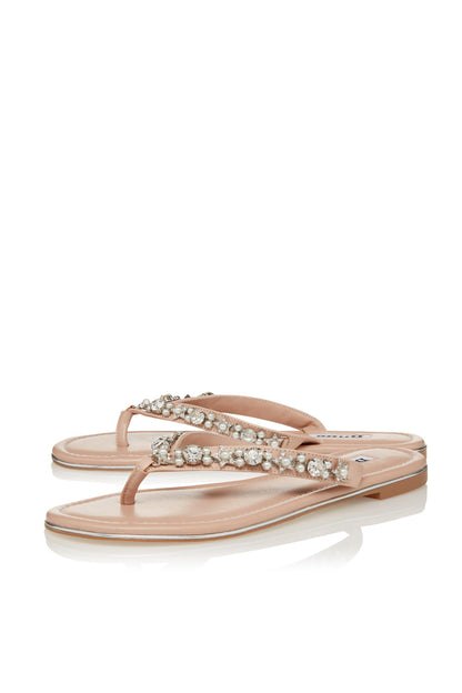 Nude thong sandals with rhinestone strap and open toe, flat sole