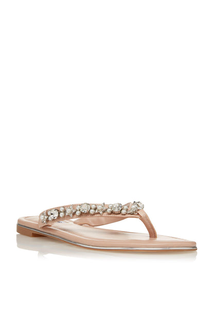 Nude thong sandals, side view, rhinestone-embellished strap across top