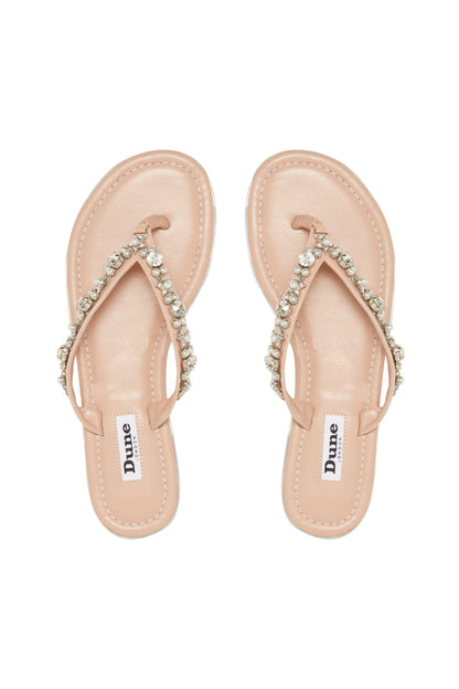 Nude thong sandals with rhinestone T-strap; Dune London logo on footbeds
