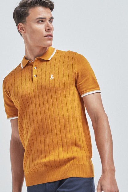 Amber ribbed knit polo shirt with button placket and short sleeves, logo at chest