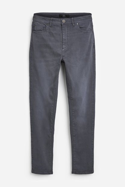 Navy jeans with straight leg, button waist, and belt loops