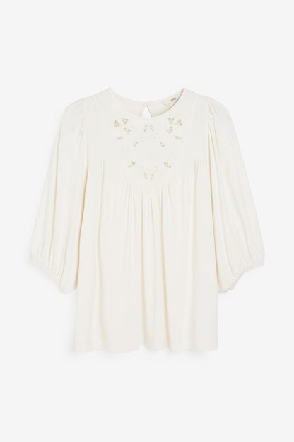 NEXT cream gathered long-sleeve blouse with small embroidered leaf motifs