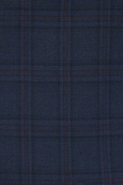 NEXT navy suit fabric swatch with subtle red plaid weave texture