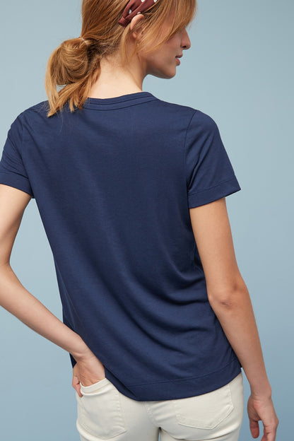 Dark blue short-sleeve crew-neck T-shirt, back view on model