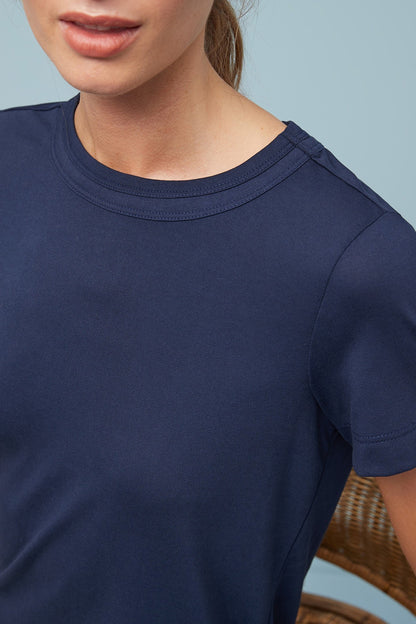 Dark blue crew-neck T-shirt with short sleeves, shoulder seam detail