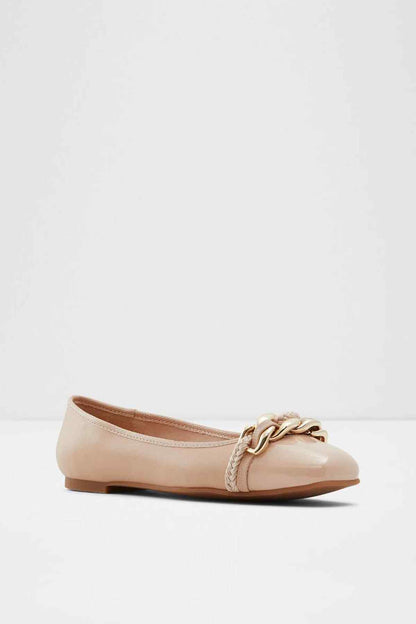 Bone ballet flat, side view with braided gold chain detail