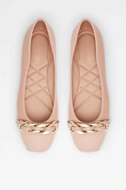 Pair of bone ballet flats with quilted insole and gold chain hardware