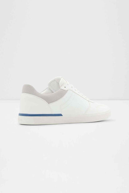 White ALDO low-top sneakers with blue side stripe and lace-up closure