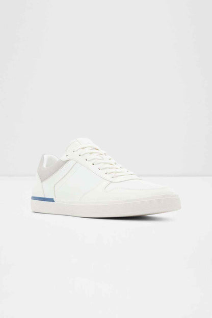 White ALDO low-top sneakers, angled side view, blue trim near heel