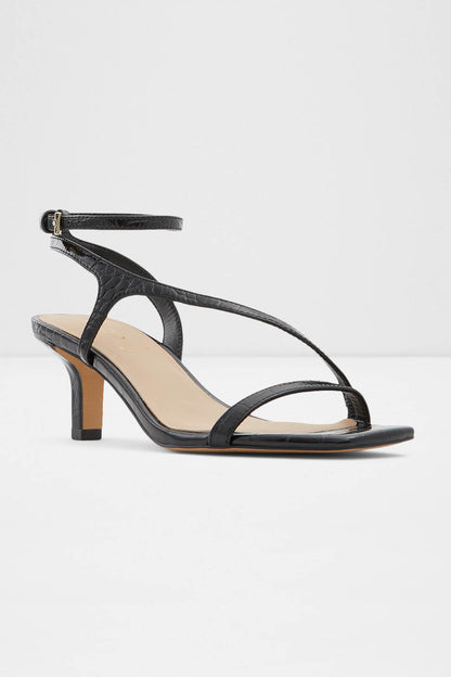 Black heeled sandal with ankle strap and open toe