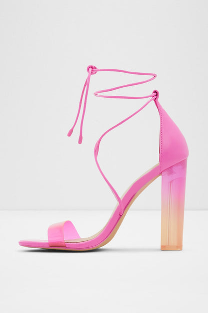 Fuchsia lace-up heeled sandal with open toe and translucent block heel