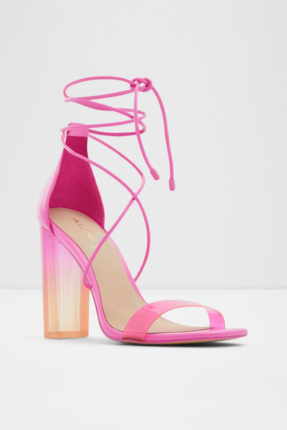 Fuchsia strappy open-toe heeled sandal with lace-up ankle ties and translucent block heel