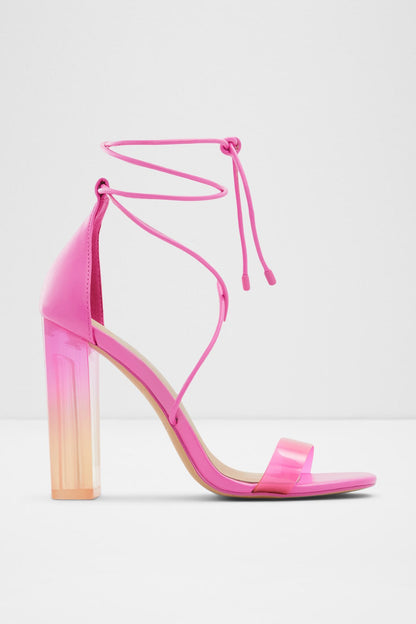 Fuchsia strappy heeled sandal with lace-up ankle ties and open toe