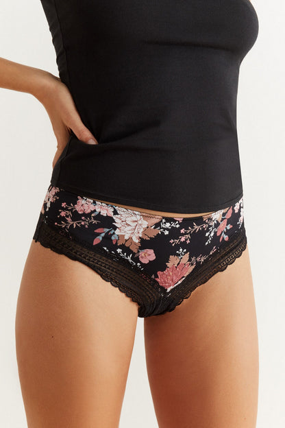 Black floral-print panties with lace trim and scalloped waistband