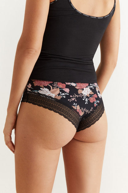 Black lace-trim panties with pink and white floral pattern