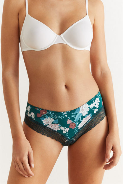 Women'secret lingerie set with white underwire bra and dark green floral lace briefs