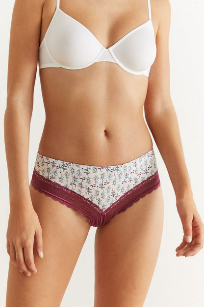 Women'secret lingerie set with white push-up bra and floral print briefs, maroon lace trim
