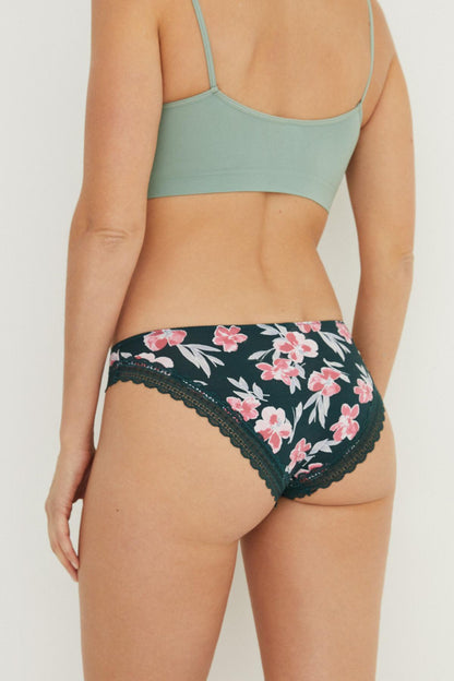 Women'secret teal bralette and floral lace-trim briefs set, back view
