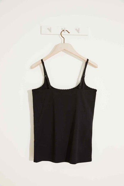 Women's black camisole with spaghetti straps and scalloped neckline