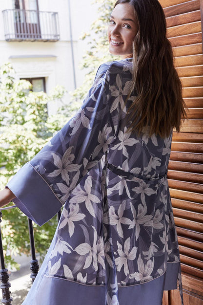 Floral print sheer robe in light blue with tie waist and wide sleeves