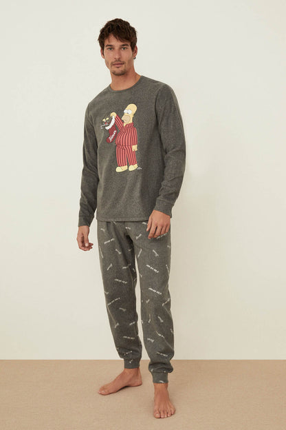 Men's dark gray long-sleeve pajama top and matching jogger pants, cartoon graphic
