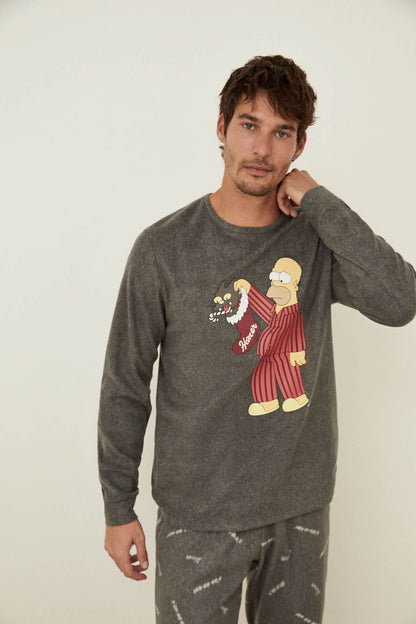 Men's dark gray long-sleeve pajama top with cartoon front print, hand on collar