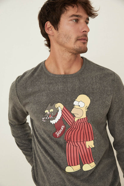 Men's dark gray crewneck pajama top with cartoon graphic print, long sleeves