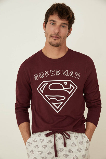 Men's maroon long-sleeve pajama top with Superman chest graphic and crew neck