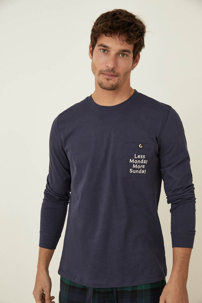 Men'secret men's navy long-sleeve pajama top with chest slogan print