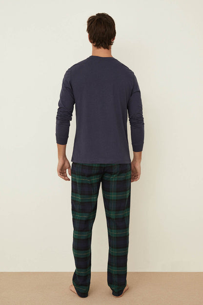 Men'secret men's pajama top and green plaid pants, back view
