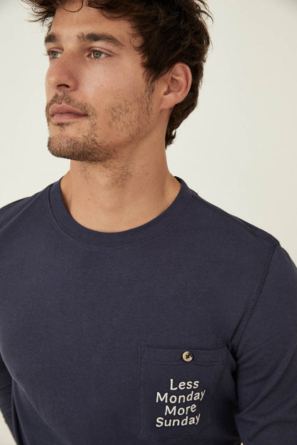 Men'secret navy long-sleeve pajama top with pocket and 'Less Monday More Sunday' print