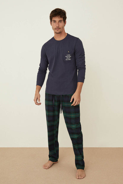 Men'secret men's pajama set with navy long-sleeve top and green plaid pants