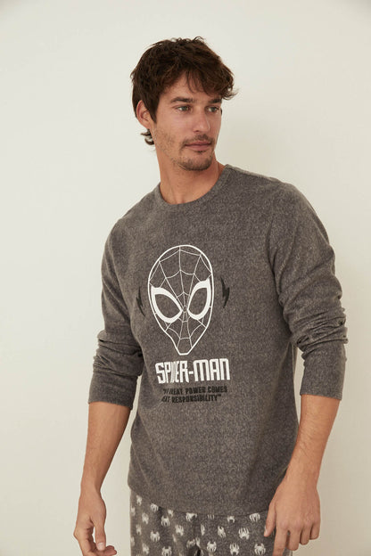 Light gray Spider-Man graphic long-sleeve pajama top, crew neck