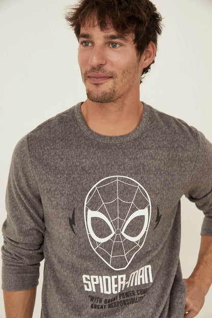 Light gray Spider-Man face graphic long-sleeve pajama top